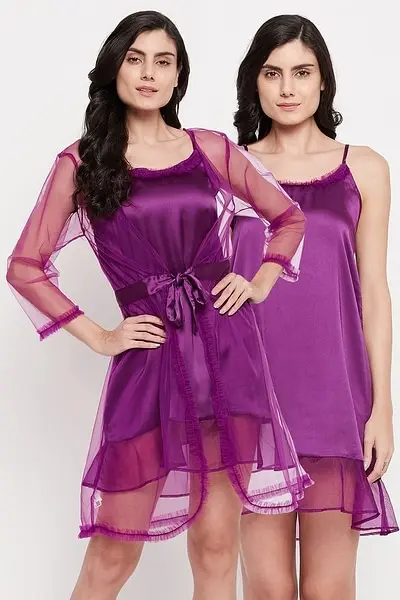 Short Nighty & Robe Set in Wine Colour - Satin
