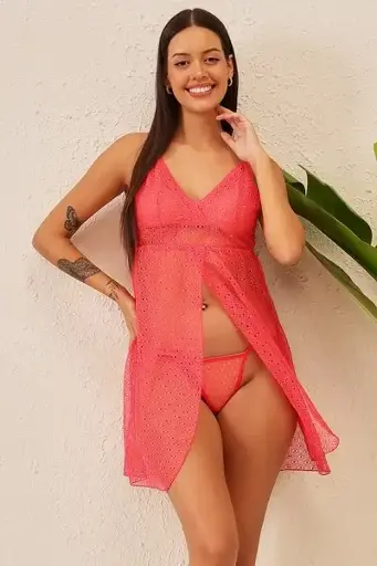 Chic Basic Self-Patterned Sheer Babydoll in Orange with G-string - Lace
