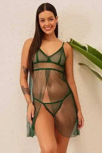 ROUGELIEBEN Chic Basic Sheer Babydoll with G-string in Dark Green - Mesh