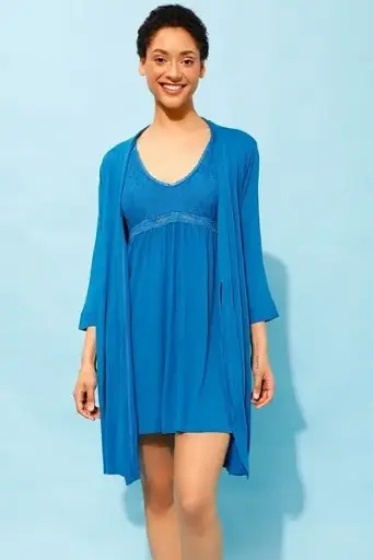 Chic Basic Short Night Dress & Robe Set in Cobalt Blue - Cotton