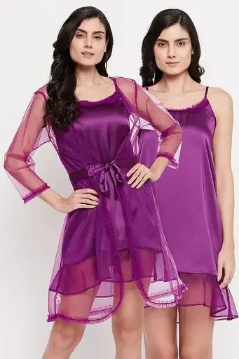 Short Nighty & Robe Set in Wine Colour - Satin