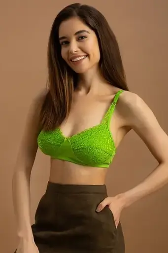 Non-Padded Non-Wired Full Coverage Bra in Neon Green - Lace