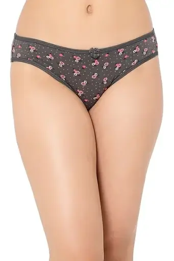 Low Waist Floral Print Bikini Panty in Dark Grey - Cotton