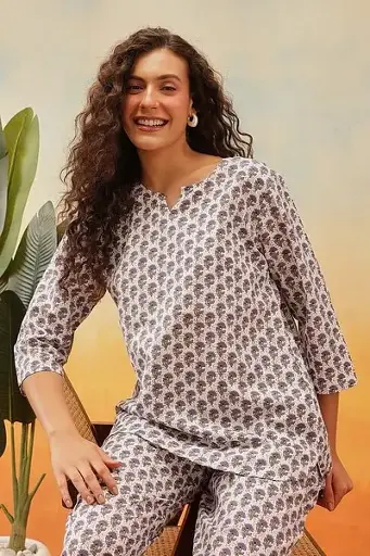 Pretty Florals Top & Pyjama in White - Cotton