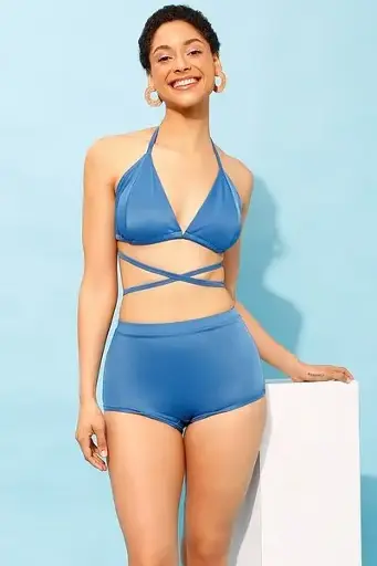 Padded Halter Neck Bikini Top & High Waist Bikini Bottoms in Cobalt Blue